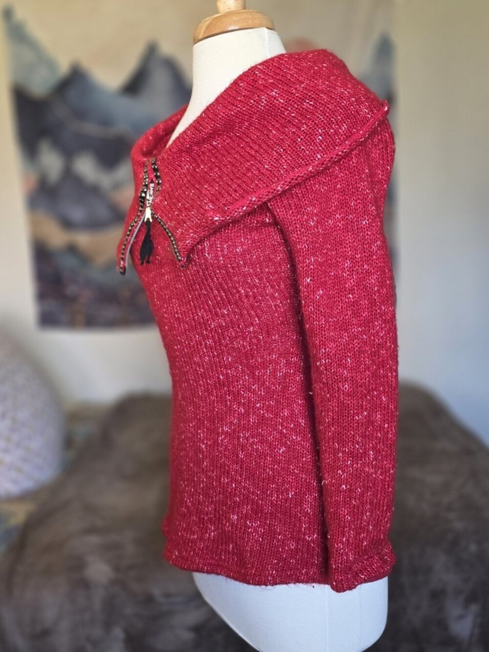 Zone Bleue Paris Vintage Silk Knit Red Off Shoulder Asymmetrical Zip Sweater XS - Picture 14 of 14
